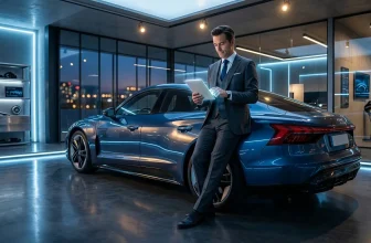 Homme d'affaires avec tablette examine voiture bleue sport