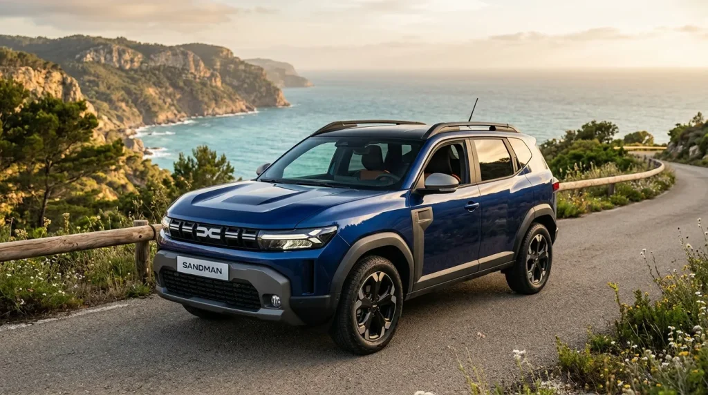 SUV bleu Dacia Sandman sur route côtière avec falaises