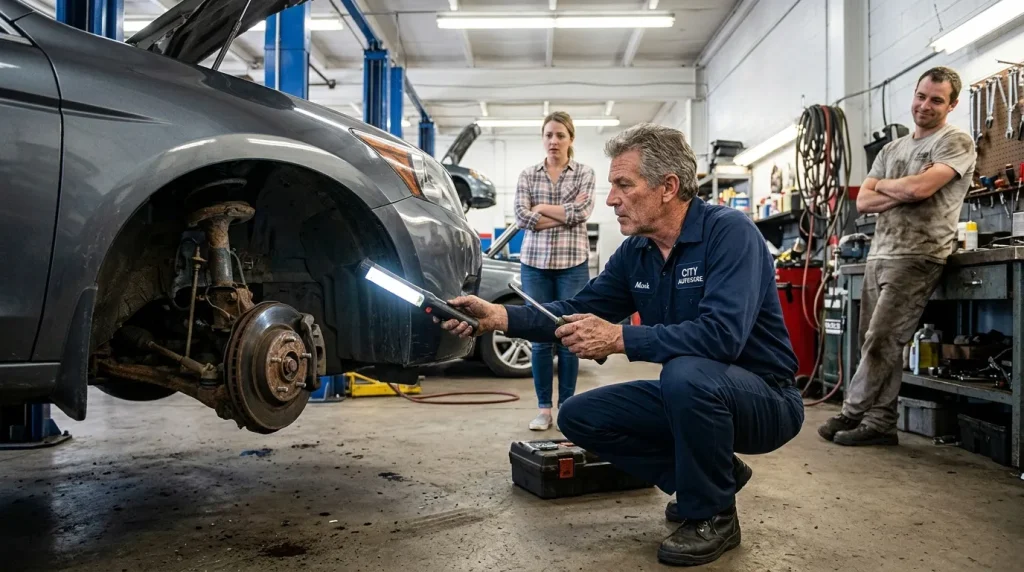 Mécanicien inspectant une roue de voiture en atelier