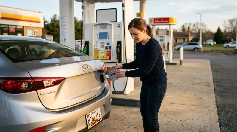 Femme branchant un câble de recharge sur une voiture électrique Mazda
