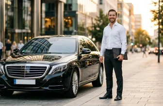 Homme en costume blanc posant près d'une berline noire luxueuse