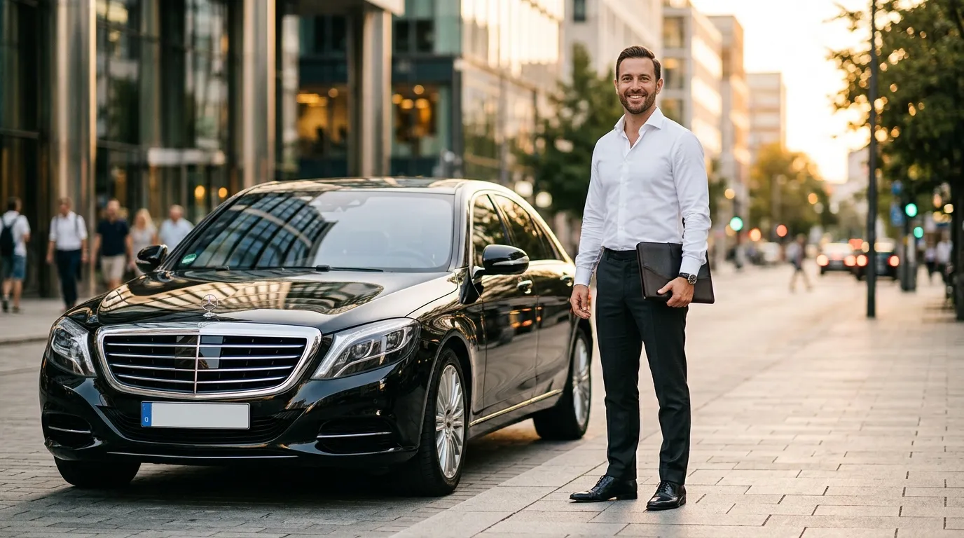 Un chauffeur en tenue professionnelle se tient près d’une berline noire.