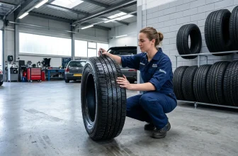 Mécanicienne examine un pneu dans un garage professionnel