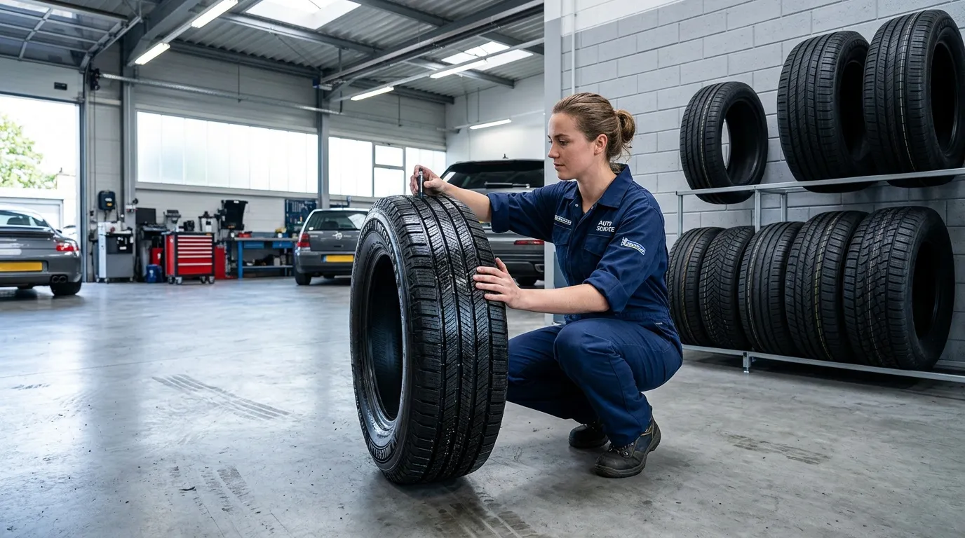 Une mécanicienne inspecte un pneu dans un atelier automobile.