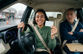 Adolescente souriante tient son permis de conduire dans voiture