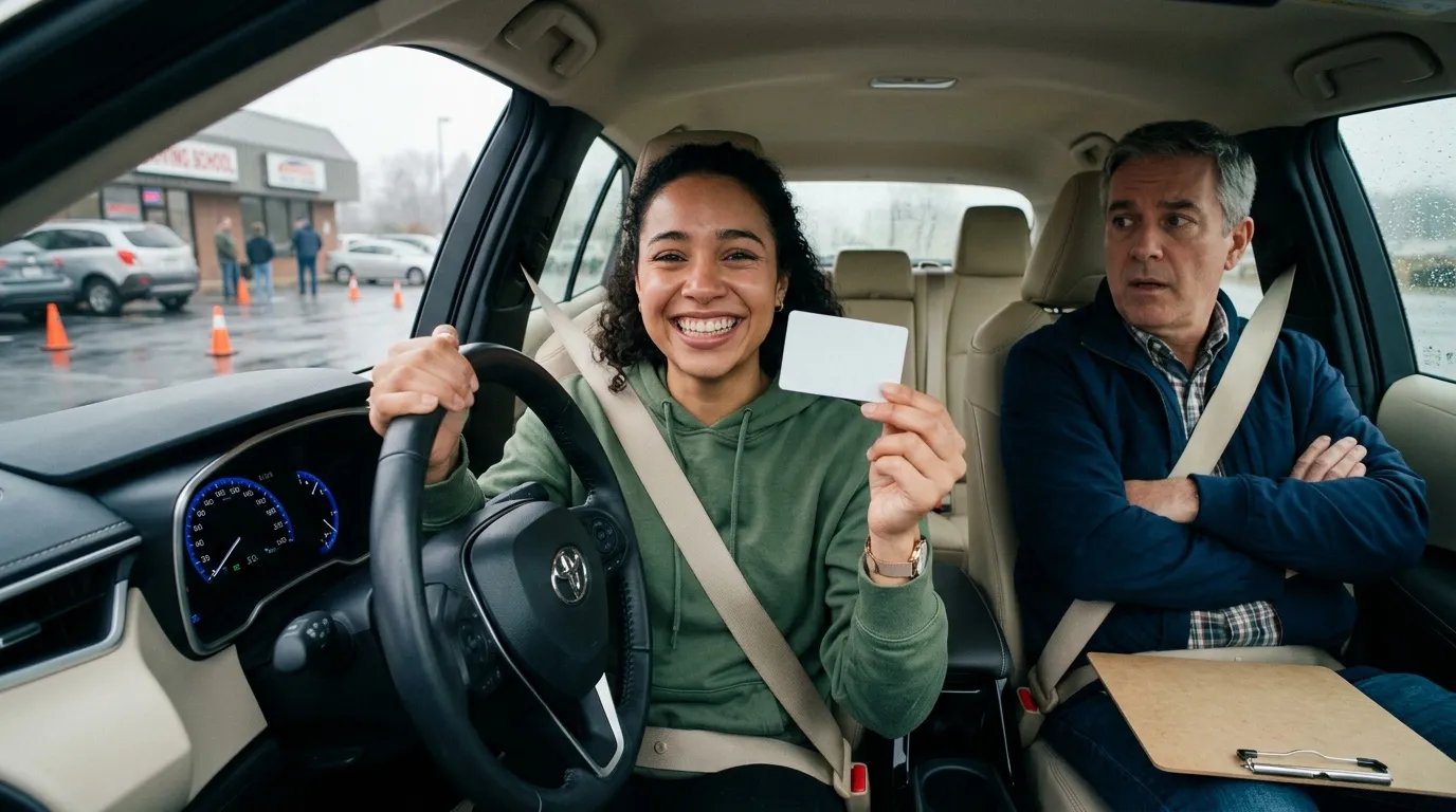 Une jeune conductrice sourit en tenant une carte dans une voiture.