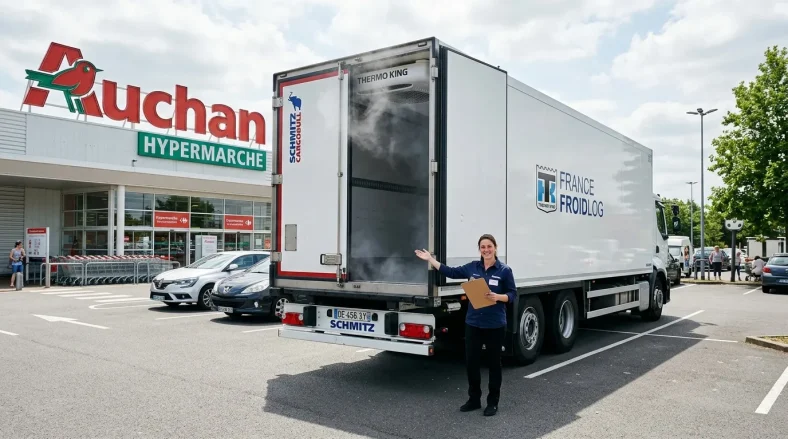 Camion frigorifique France Froidlog devant magasin Auchan