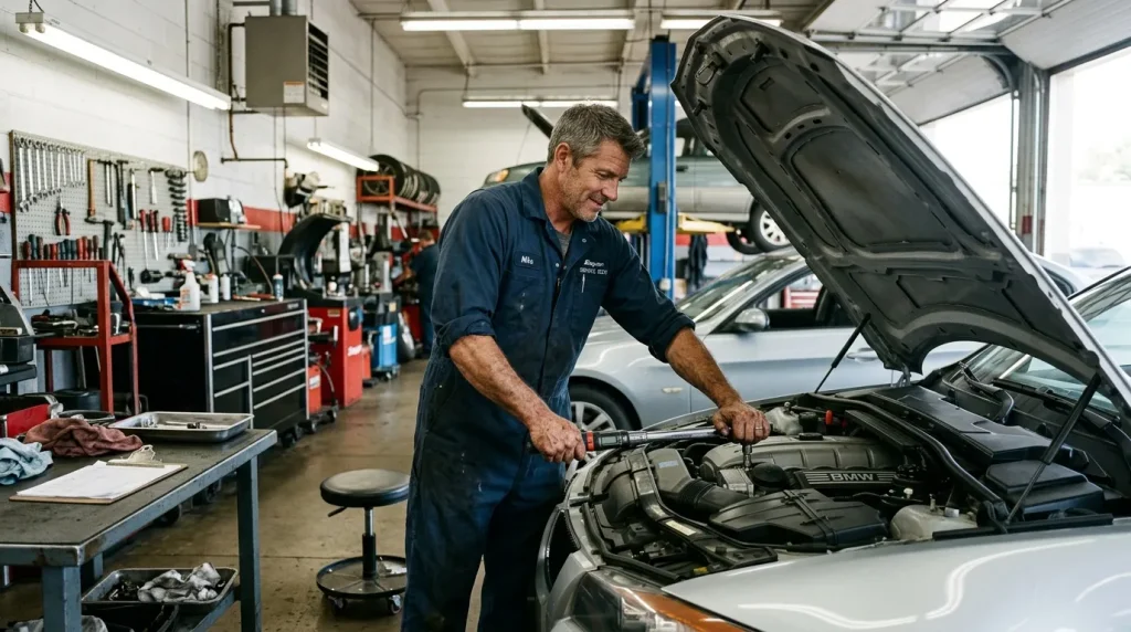 Mécanicien répare moteur BMW dans un garage professionnel