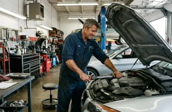 Mécanicien répare moteur BMW dans un garage professionnel