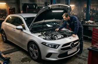 Technicien examine le moteur d'une Mercedes blanche en atelier
