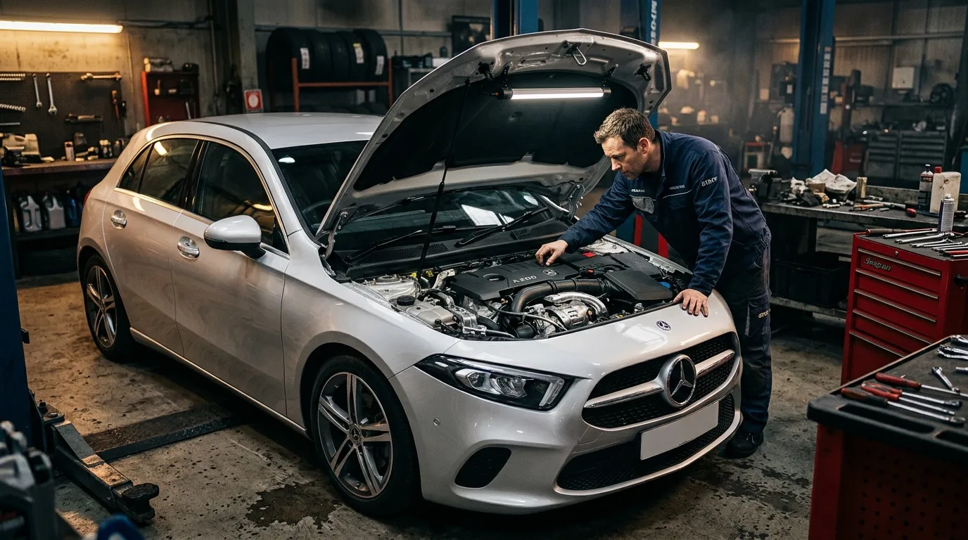 Un technicien examine le moteur dâune Mercedes blanche dans un atelier.