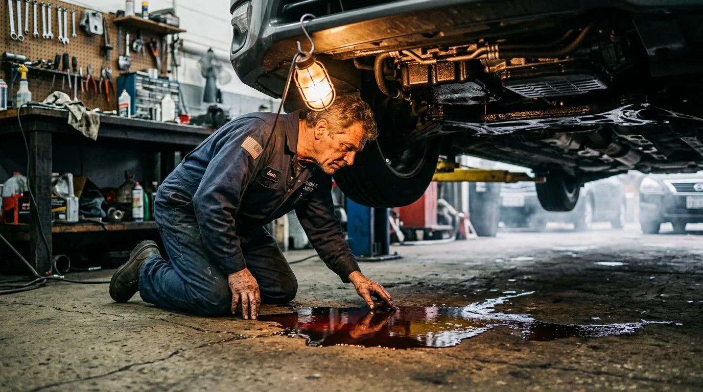 Un mécanicien examine une fuite sous un véhicule levé en atelier.