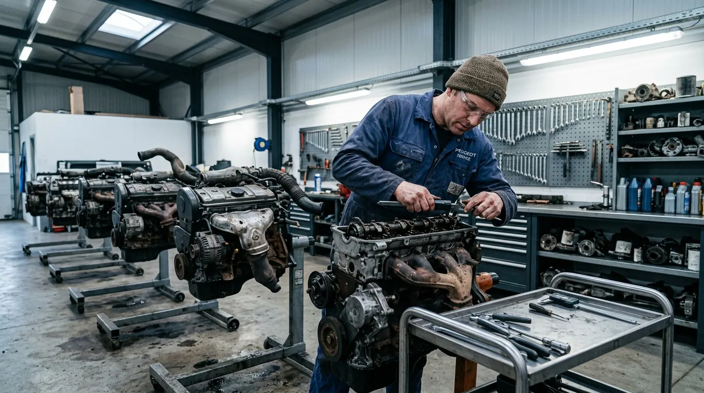 Un technicien révise un moteur automobile sur un établi dans un atelier.