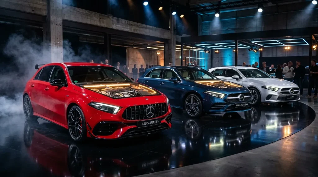 Trois berlines Mercedes sportives exposées dans showroom moderne