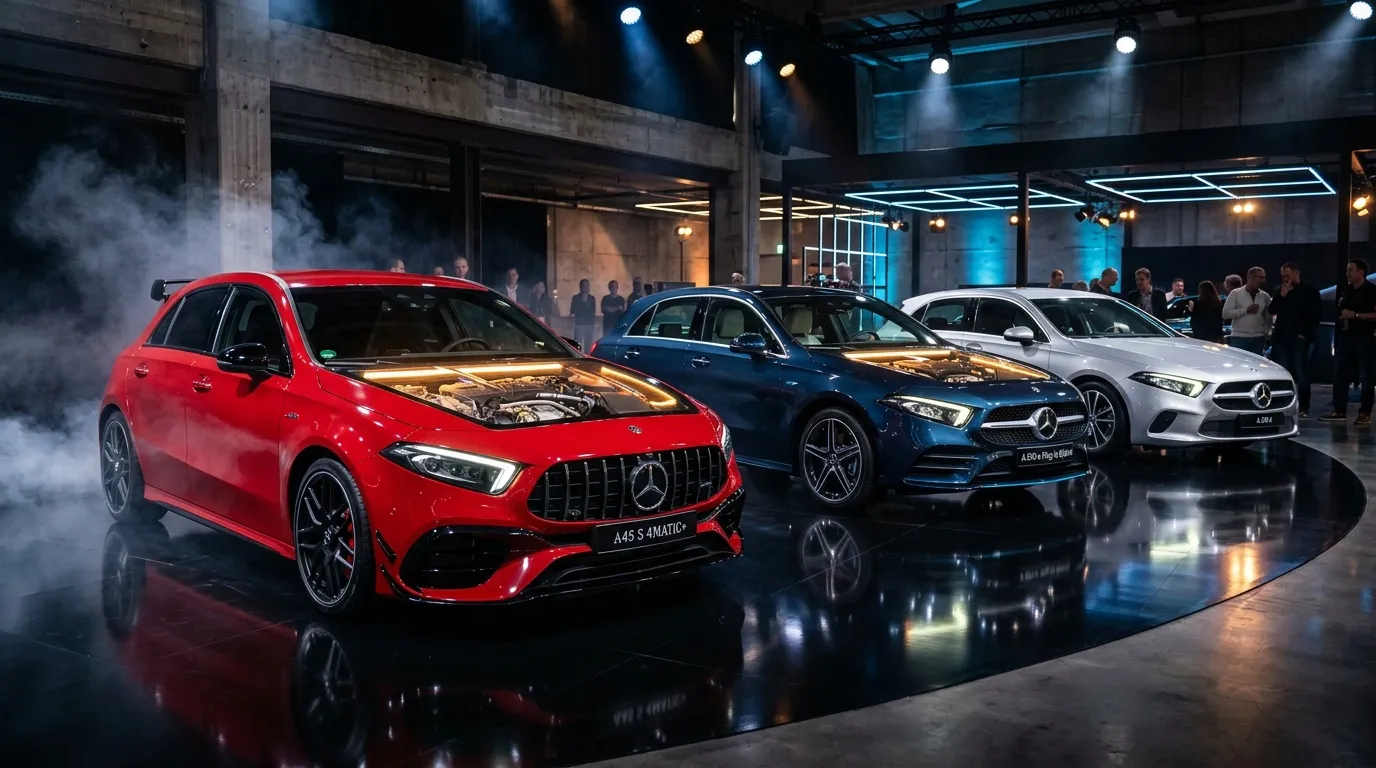 Trois berlines Mercedes sont exposées dans un showroom.