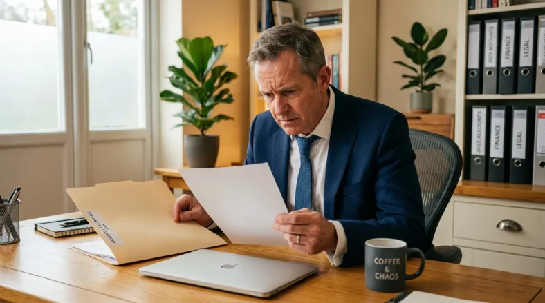 Homme en costume consultant des papiers au bureau