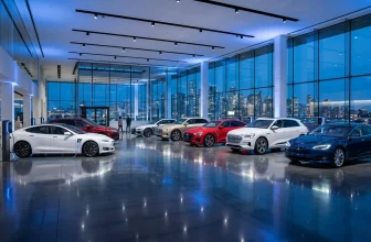 Véhicules électriques luxe dans showroom panoramique urbain