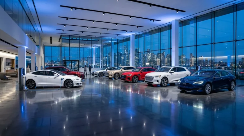 Véhicules électriques luxe dans showroom panoramique urbain