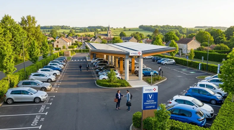 Parking de covoiturage avec station VINCI, voitures et village rural.