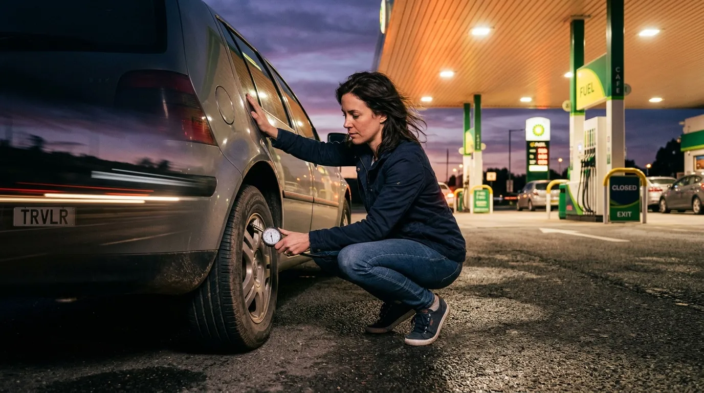 Une automobiliste contrôle la pression d’un pneu à une station-service.
