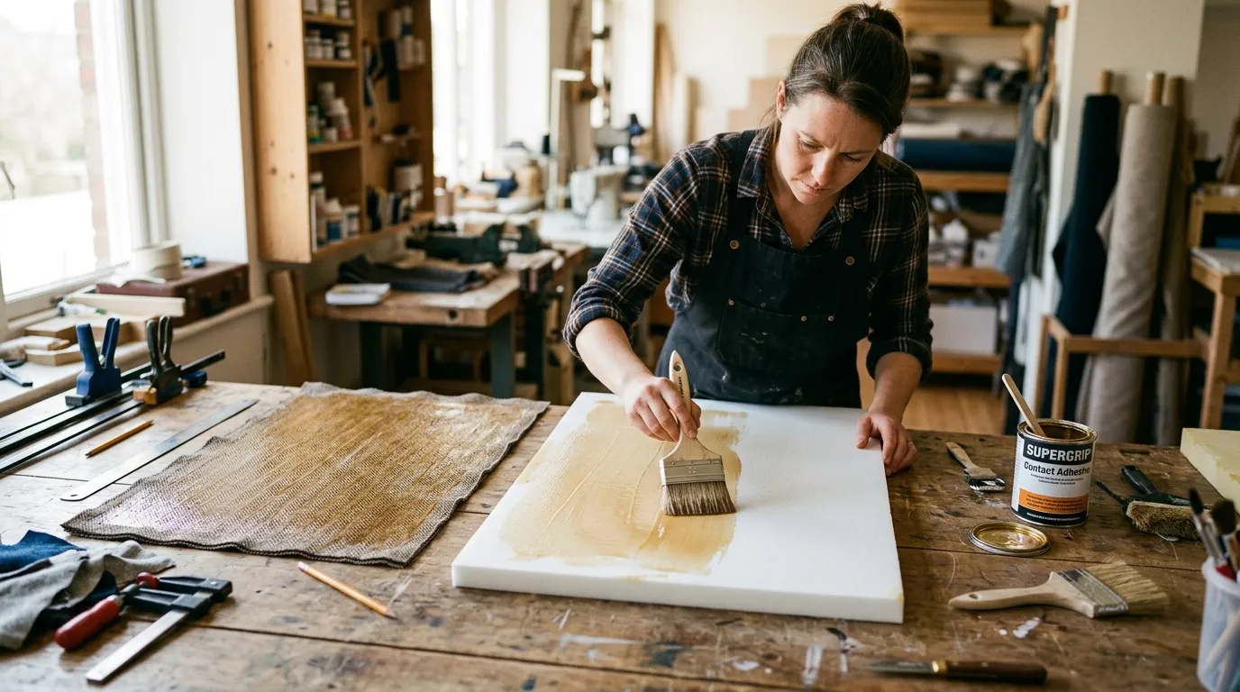 Une artisane applique de la colle au pinceau sur un panneau posé à plat dans un atelier.