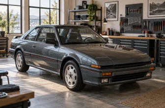 Une voiture générique inspirée des années 1980-1990 est entretenue dans un garage lumineux.