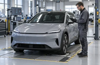 Un technicien inspecte un véhicule électrique générique sur un banc de contrôle qualité.