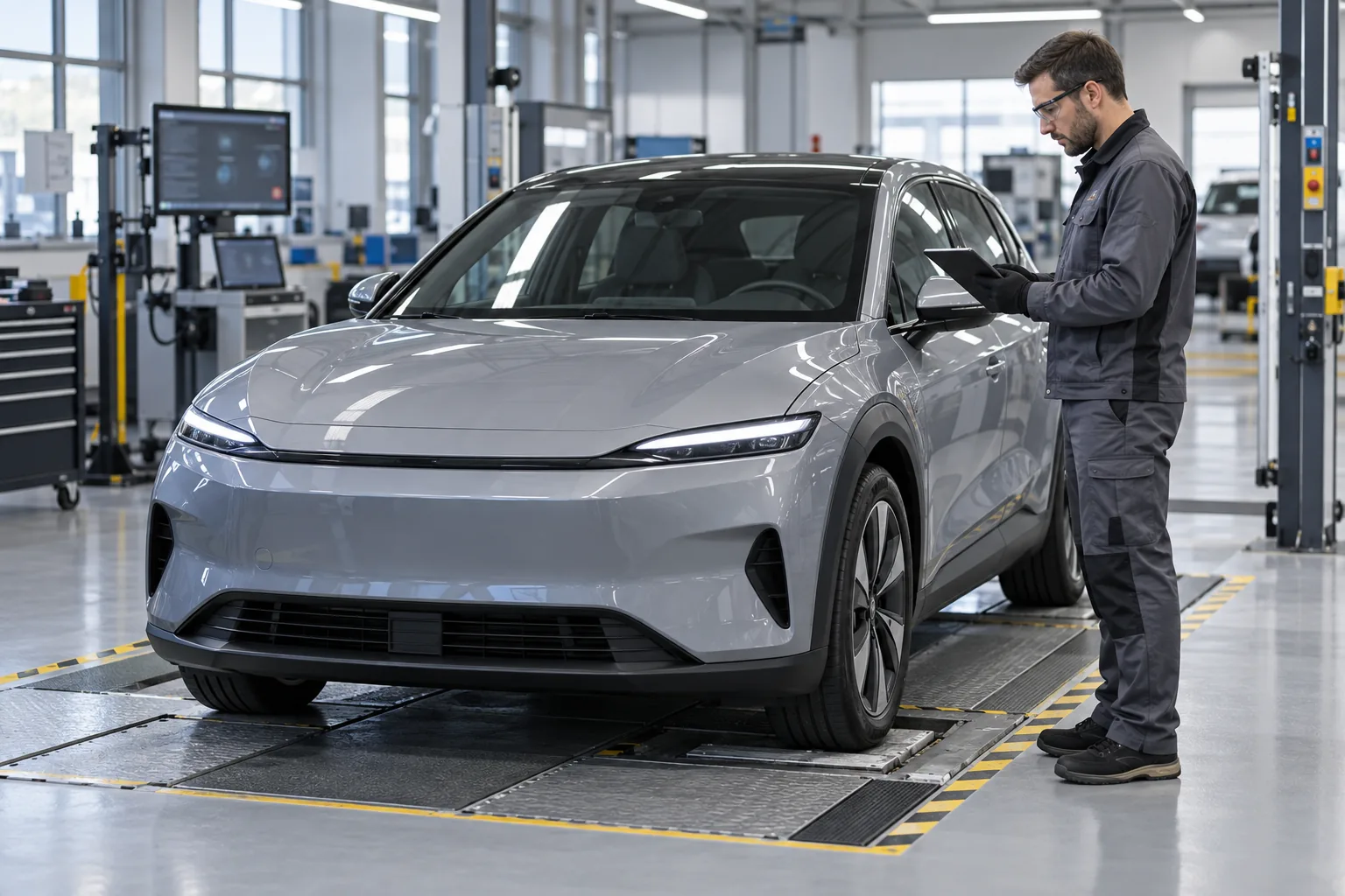 Un technicien inspecte un véhicule électrique générique sur un banc de contrôle qualité.