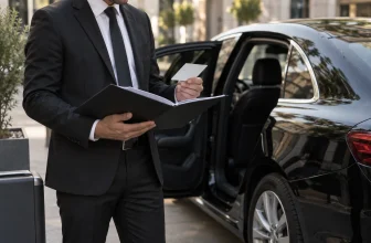 Un chauffeur consulte un dossier de formation et une carte vierge près d’une berline générique.