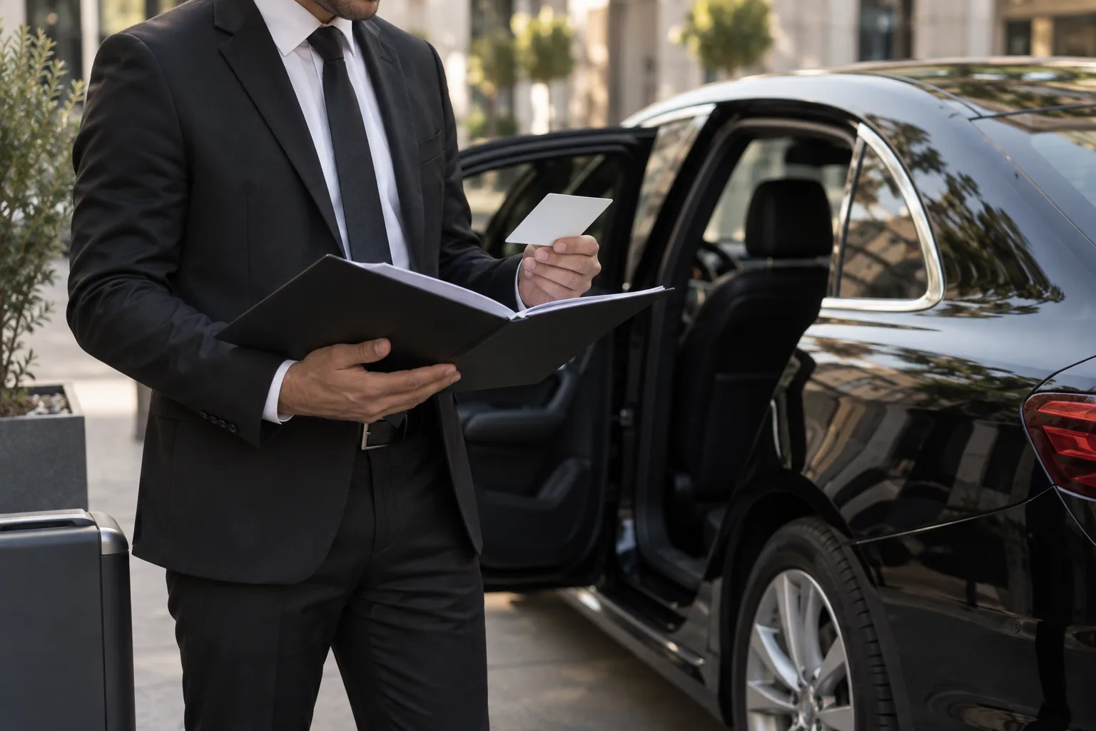 Un chauffeur consulte un dossier de formation et une carte vierge près d’une berline générique.
