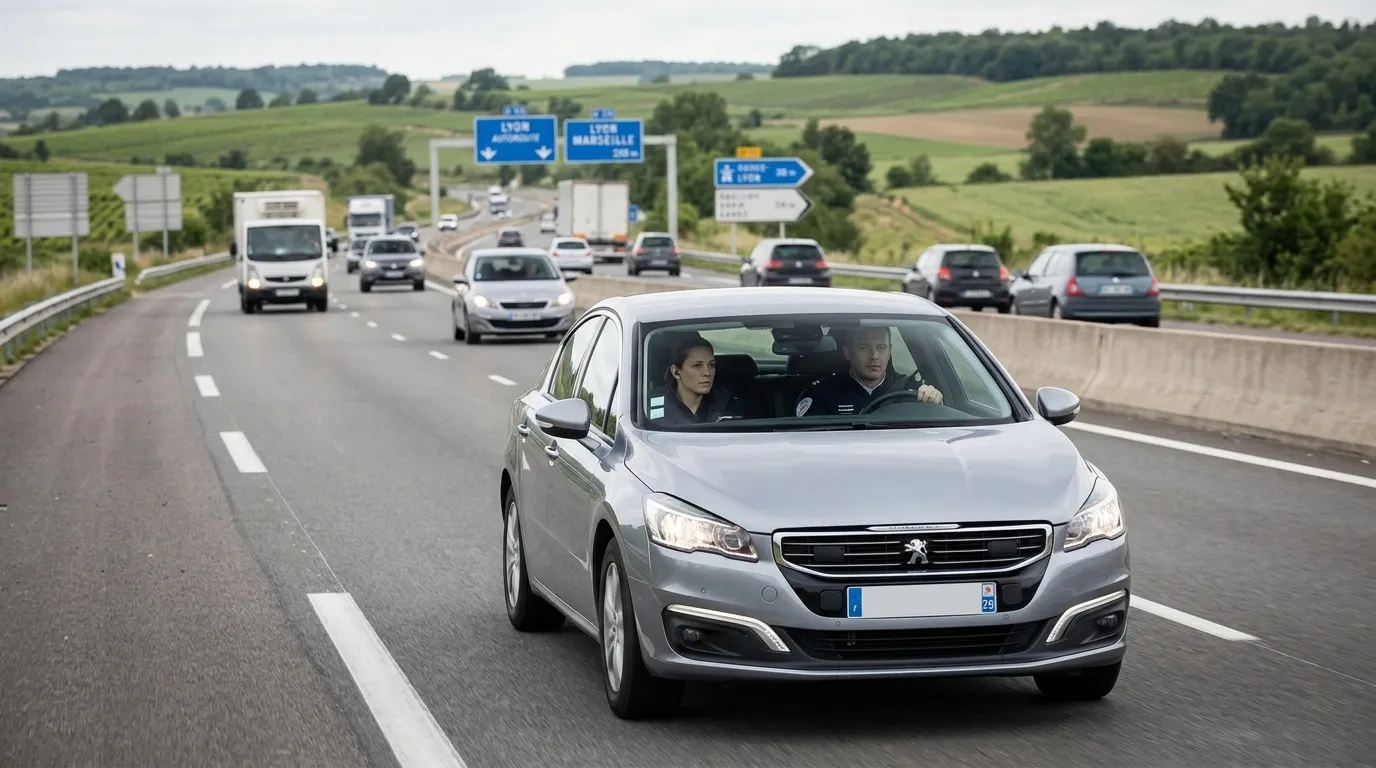 Une berline grise circule dans le trafic sur une autoroute française.