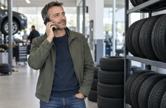 Un client téléphone dans un centre automobile neutre, près de pneus rangés.