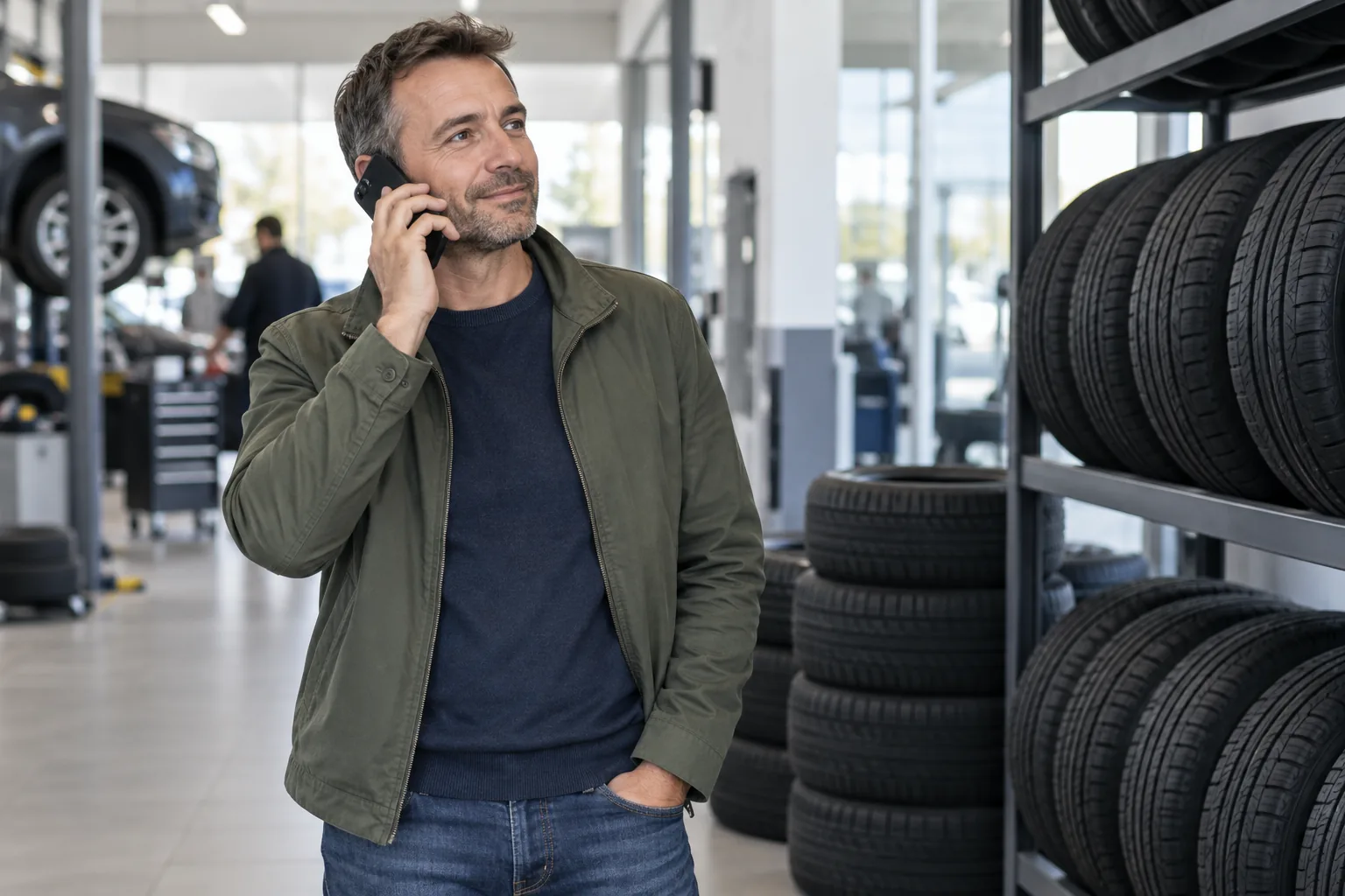 Un client téléphone dans un centre automobile neutre, près de pneus rangés.