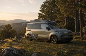 Concept générique non officiel de van compact aménageable dans un décor naturel.