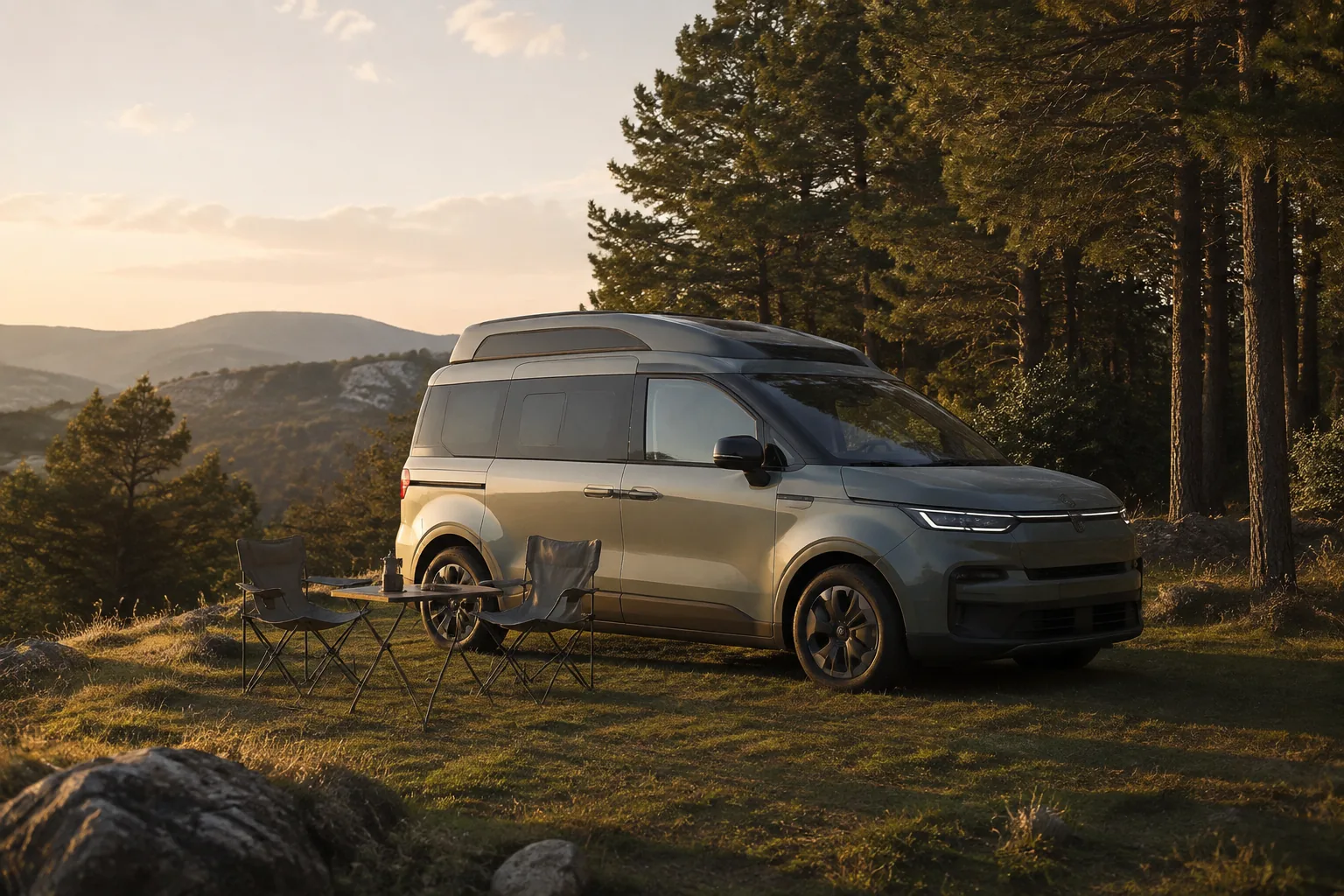 Concept générique non officiel de van compact aménageable dans un décor naturel.