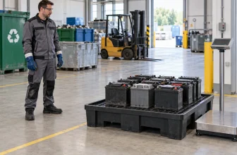 Des batteries automobiles usagées intactes reposent sur une palette de rétention près d’une balance, sous la surveillance d’un opérateur équipé.
