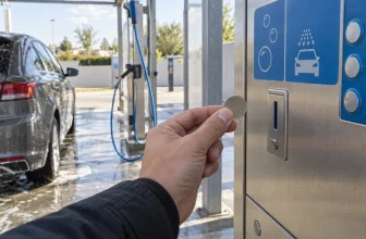 Une main présente un jeton métallique neutre devant la borne générique d’une aire de lavage automobile.