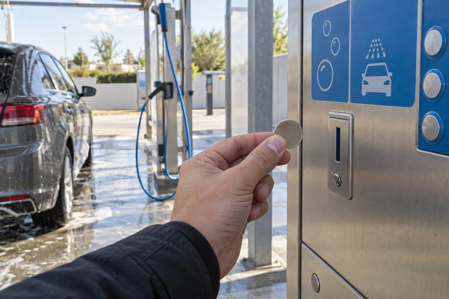 Une main présente un jeton métallique neutre devant la borne générique d’une aire de lavage automobile.