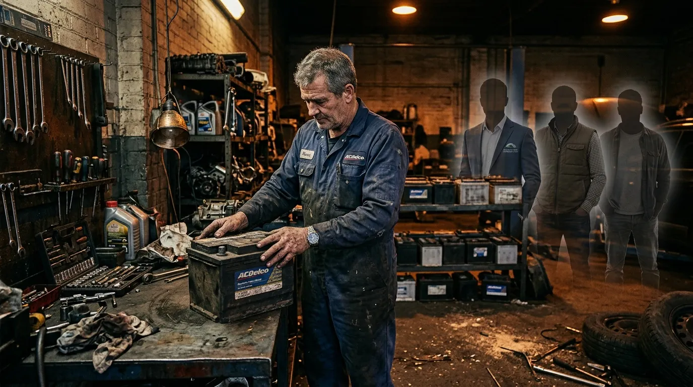 Un mĂ©canicien travaille prĂšs dâune batterie automobile dans un atelier.