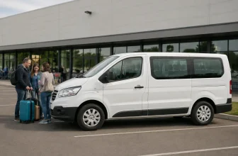 Un minibus blanc générique devant un bâtiment commercial, avec des voyageurs et leurs bagages.