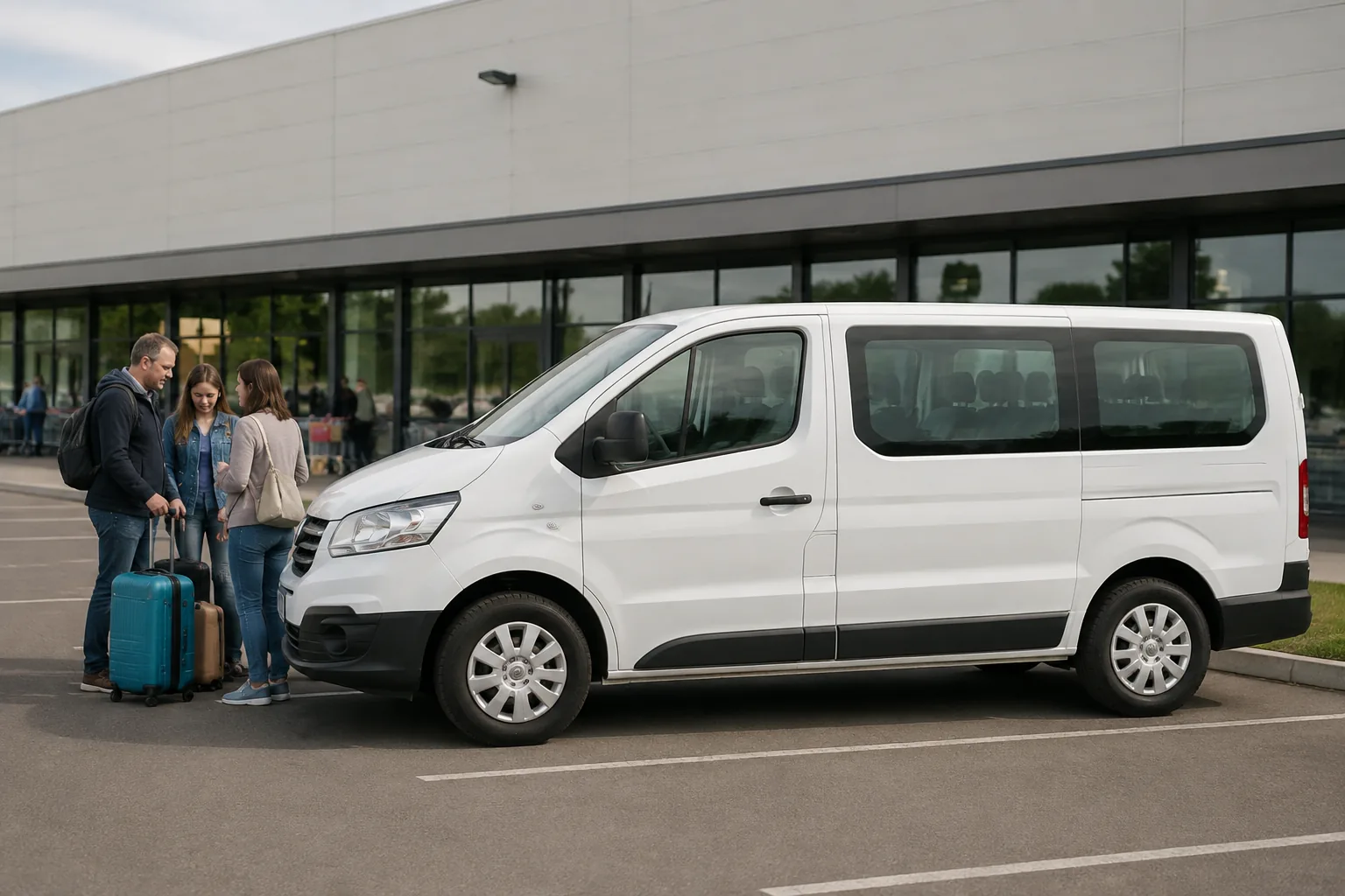 Un minibus blanc générique devant un bùtiment commercial, avec des voyageurs et leurs bagages.