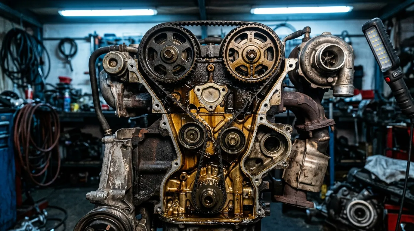Un moteur automobile désassemblé est exposé dans un atelier professionnel.