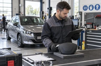 Un technicien contrôle sur tablette un module d’airbag intact et fermé dans un atelier professionnel.