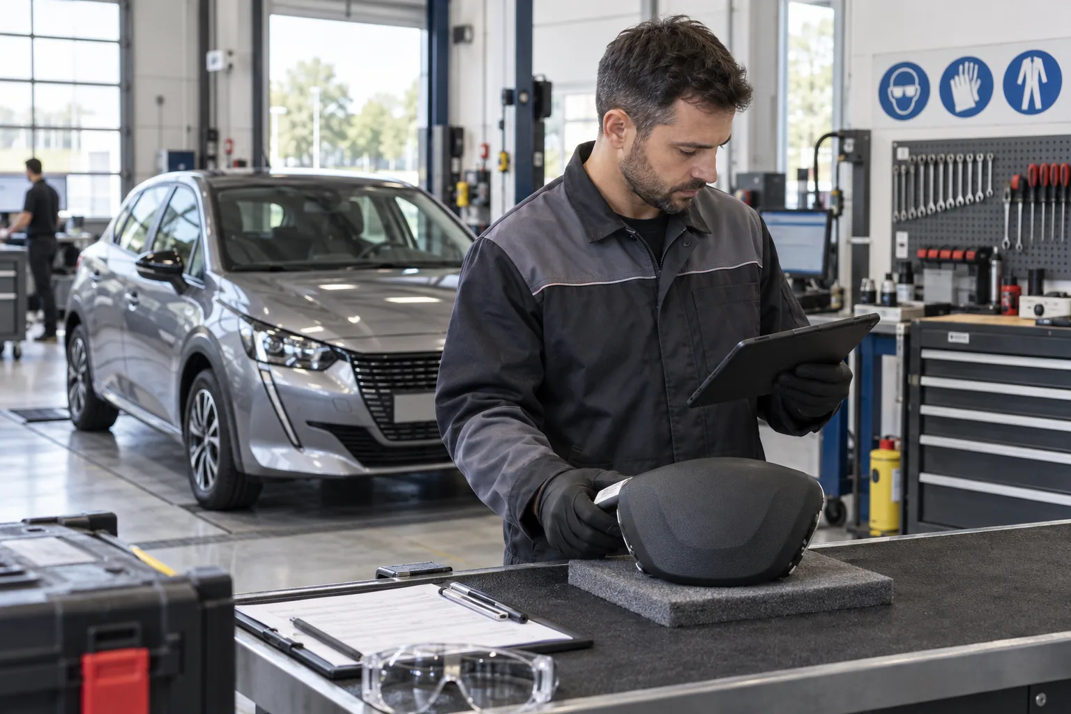 Un technicien contrôle sur tablette un module d’airbag intact et fermé dans un atelier professionnel.
