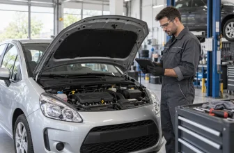 Un mécanicien diagnostique le moteur d’une citadine essence générique immobilisée en atelier.
