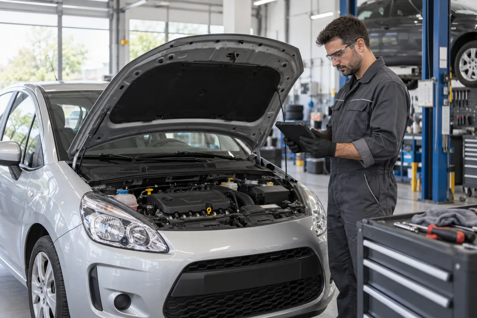 Un mécanicien diagnostique le moteur d’une citadine essence générique immobilisée en atelier.