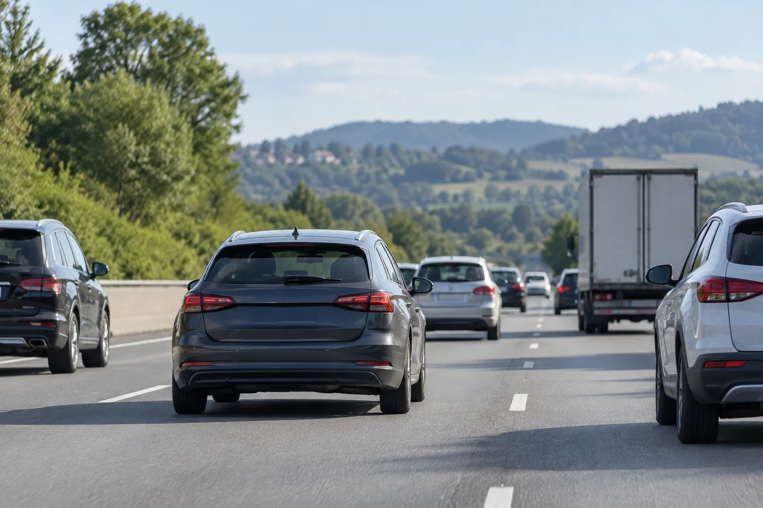 Une voiture générique se fond dans le trafic d’une route à plusieurs voies.