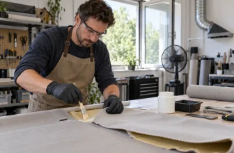 Un artisan protégé recolle à plat un tissu de pavillon démonté sur un établi ventilé.