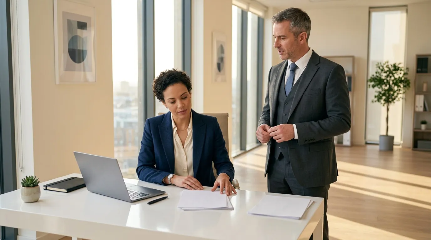Deux professionnels discutent devant un ordinateur portable dans un bureau.