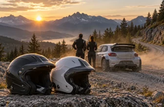 Deux silhouettes non identifiables vues de dos se tiennent près d’une voiture de rallye générique et de deux casques.